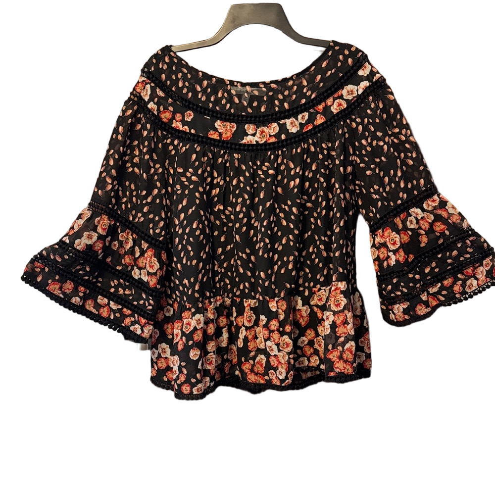 Fever Boho Floral Blouse with Lace Detail and Bell Cuffs